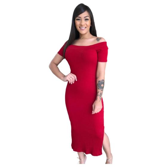 Imagem de Vestido Midi Lanny Canelado Ombro A Ombro Manga Curta Saia Com Fenda