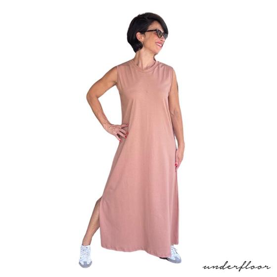 Imagem de Vestido midi longo feminino corte a fio com fenda malha 100% algodão básico