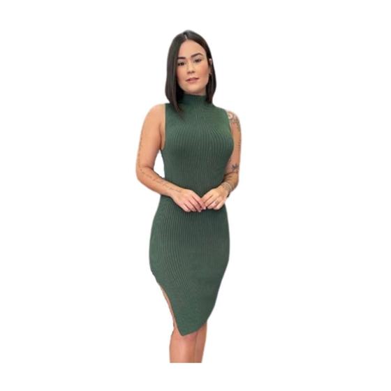 Imagem de Vestido Midi Milena Tubinho Canelado Liso Gola Alta Fenda Lateral