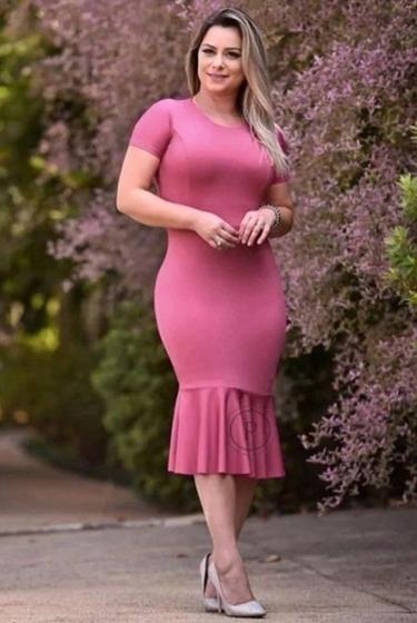 Imagem de Vestido Midi Plus Size Babado Liso Moda Evangélica Feminina