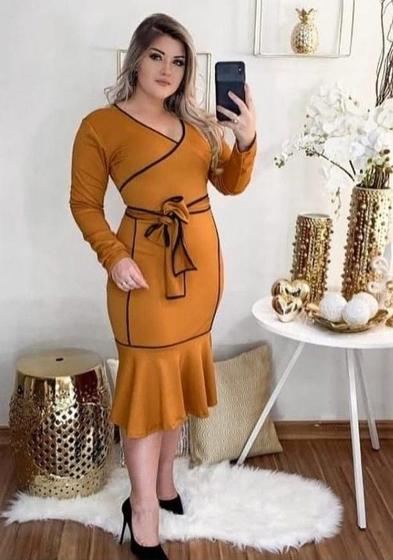 Imagem de Vestido Midi Plus Size Viés Transpassado Manga Longa