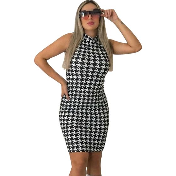 Imagem de Vestido Midi Regata Pied De Poule  Curta Gola Alta Canelado