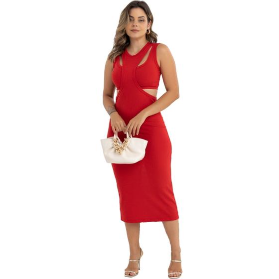 Imagem de Vestido Midi Tendência Verão Slim Fit Ribana Canelada Confort Decote Diferencido Moda Feminina Look Natal 31524A