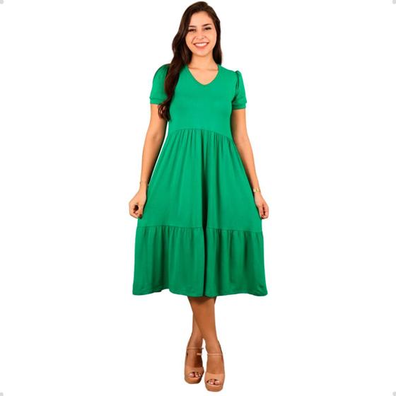 Imagem de Vestido Midi Três Marias Bata De Babados Casual Manga Curta Viscose Soltinho Conforto Moda