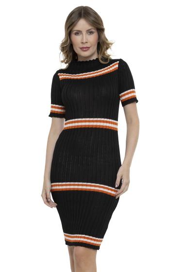 Imagem de Vestido Midi Tricot Listras Gola Alta Vestido Midi Tricot Listras Gola Alta-laranja