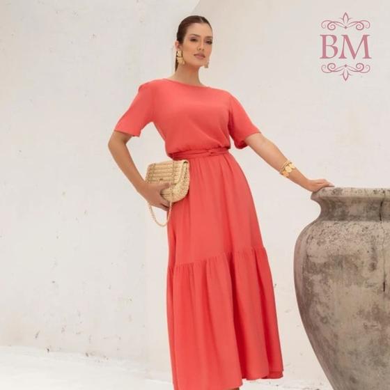 Imagem de Vestido Midi, Viscolinho, Coral, Forrado, Babado Barra, Elástico Cintura, Cinto Tecido, Miss Moda  BM1261C