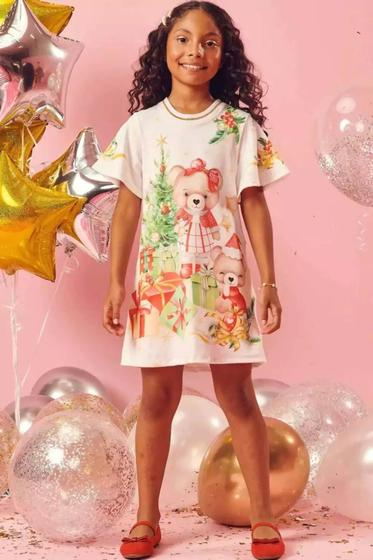 Imagem de Vestido Natalino Infantil Kukiê c/ Strass Verão Manga Curta Estampado Especial de Natal Brilho 67248