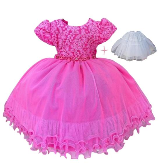 Imagem de Vestido pink menina bonita luxo busto em renda cinto em perolas acompanha saiote 2422