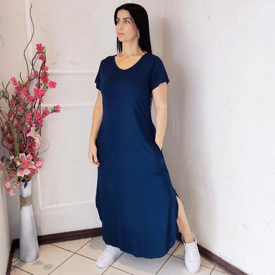 Imagem de Vestido Plus Size Camisetão Longo Maxi Soltinho Azul Marinho