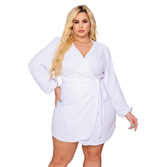 Imagem de Vestido Plus Size Curto Manga Longa Envelope De Amarração Decote Em V Jovial