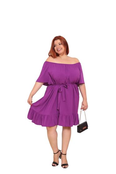 Imagem de Vestido plus size curto   ombro a ombro de  viscolinho