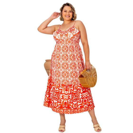 Imagem de Vestido plus size estampado azulejo portugues com amarração nas costas sexy elegant