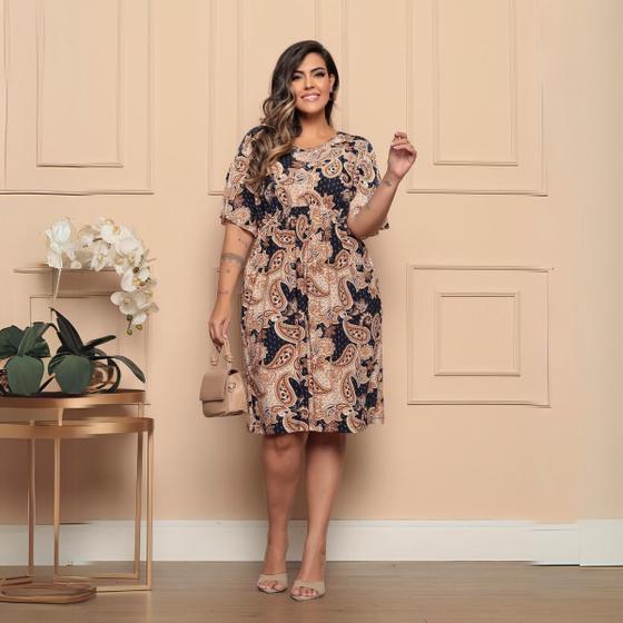 Imagem de Vestido Plus Size Estampado Com Manga Morcego e Elástico na Cintura Estampa Sortida