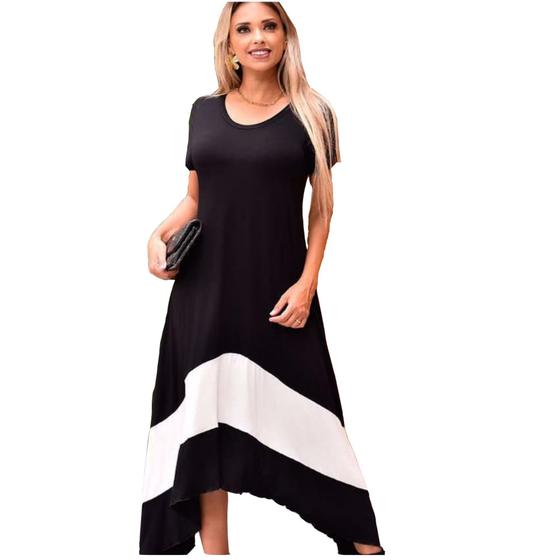 Imagem de Vestido Plus Size Evangelico Mullet Soltinho Gestante de Ponta e Bico nas Laterais Preto e Branco