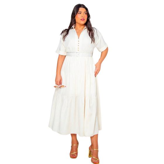 Imagem de Vestido plus size feminino manga curta midi com cinto e saia evase em crepe elegante com forro