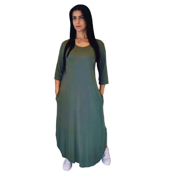 Imagem de Vestido Plus Size Longo Manga Tres Quartos Viscolycra Malha com Bolso Verde Oliva