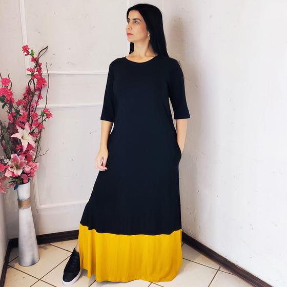 Imagem de Vestido Plus Size Longo Manga Viscolycra Malha com Bolso Bicolor Preto e Mostarda