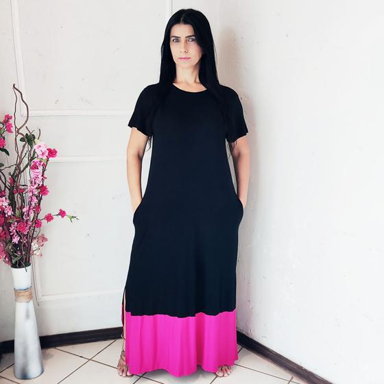 Imagem de Vestido Plus Size Longo Manga Viscolycra Malha com Bolso Bicolor Preto e Pink