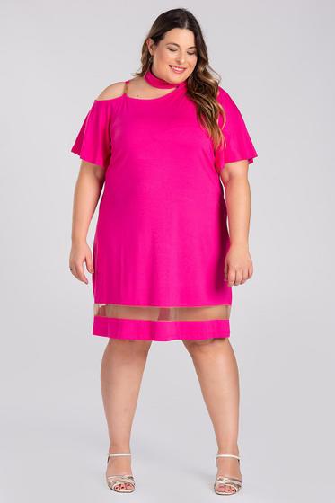 Imagem de Vestido Plus Size Malha Viscose Detalhe Decote, Corrente Alça e Barra em Tule