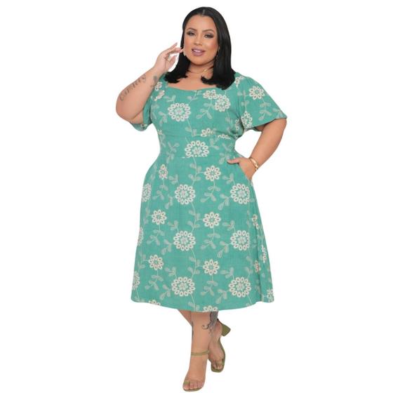 Imagem de Vestido Plus Size Midi Floral Manga Curta Veste Até 52