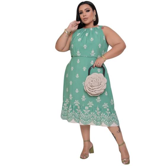 Imagem de Vestido Plus Size Midi Floral Manga Curta Veste Até 52