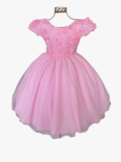 Imagem de Vestido rosa infantil busto com flores aplicadas com cinto em perolas