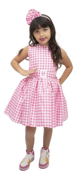 Imagem de Vestido Rosa Infantil Xadrez Boneca Pink Princesa com Tiara