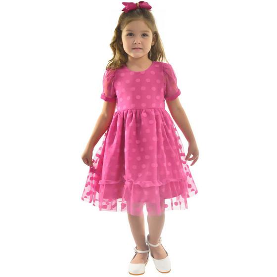 Imagem de Vestido Rosa Pink Infantil Tule Poá - Batizado, Casamento e Formatura