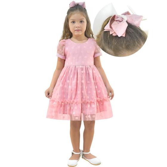 Imagem de Vestido Rosê Infantil Tule Poá + Laço para Cabelo