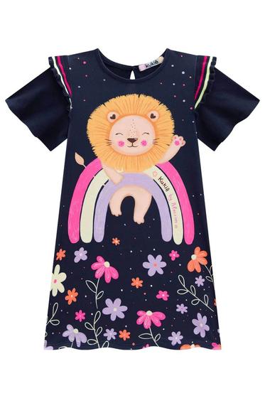 Imagem de Vestido Roupa Infantil Menina Verão Alecrim Manga Curta Gola Redonda Estampa Leãozinho Kukiê