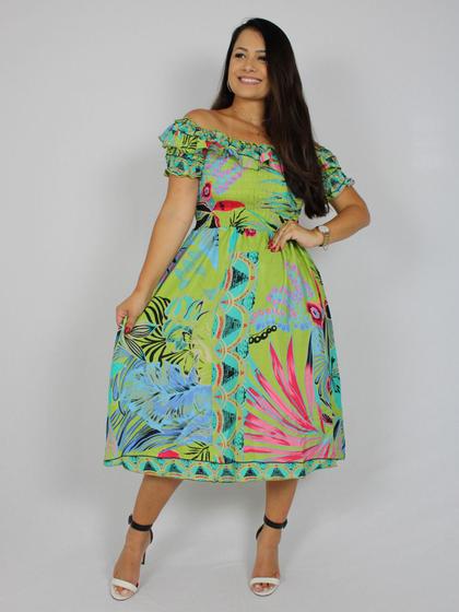 Imagem de Vestido seda poliéster verde estampa tropical com plantas LDR-95