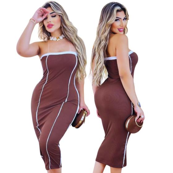 Vestido sem alça Detalhes de Listras Corte Acinturado Valoriza o