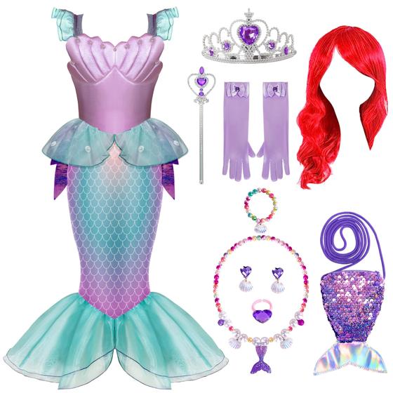 Imagem de Vestido sereia Spooktacular Creations para meninas de 4 a 6 anos roxo/azul