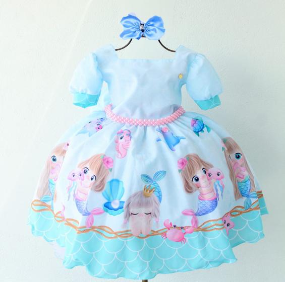 Imagem de Vestido Tema Sereia Baby Fundo Do Mar Luxo Com Tiara