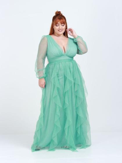 Imagem de Vestido tendencia para madrinhas de casamento e formandas longo plus size tule com brilho saia cascata maresias