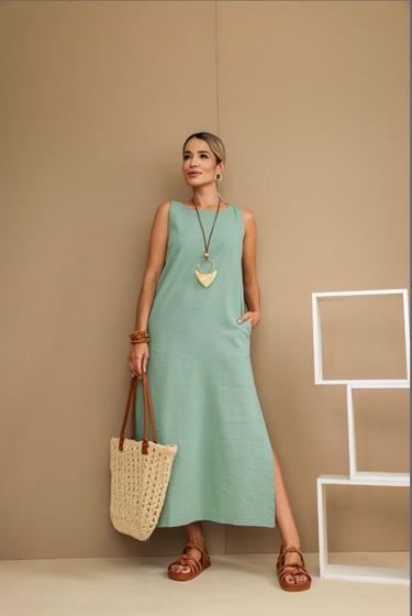 Imagem de Vestido Thati Gutierrez Midi Viscolinho com Fenda e Bolso