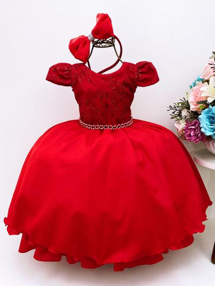 Vestido Infantil Vermelho Renda Princesas Realeza Luxo Festa