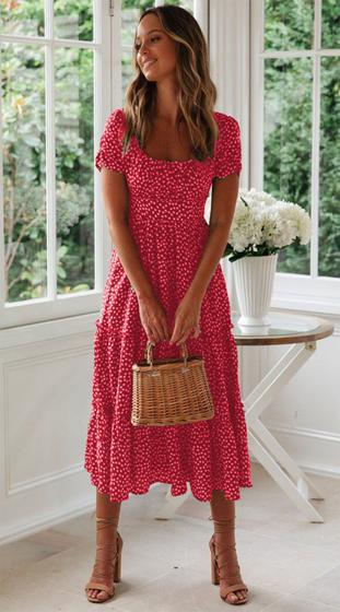 Imagem de Vestido vermelho, manga lanterna, gola quadrada, estampa floral