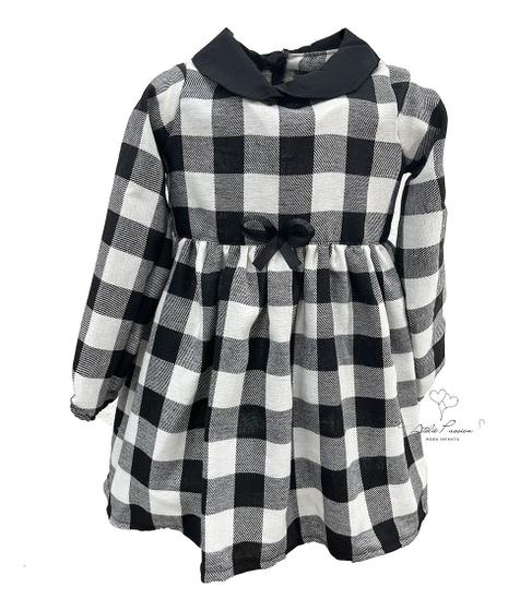 Imagem de Vestido Xadrez Infantil Flanelado Manga Longa Xadrez Preto e Branco