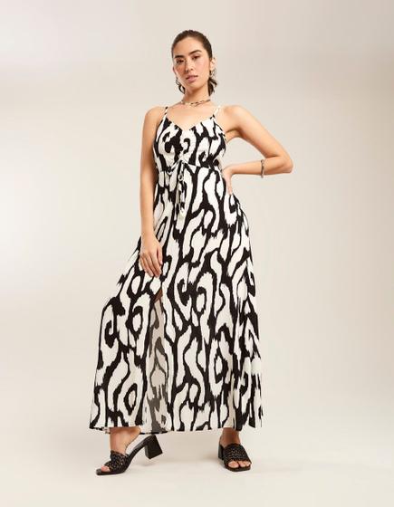 Vestido Zinzane Feminino Fenda Estampado Nathy - Off White Menor preço em Vestido Zinzane Feminino Fenda Estampado Nathy - Off White