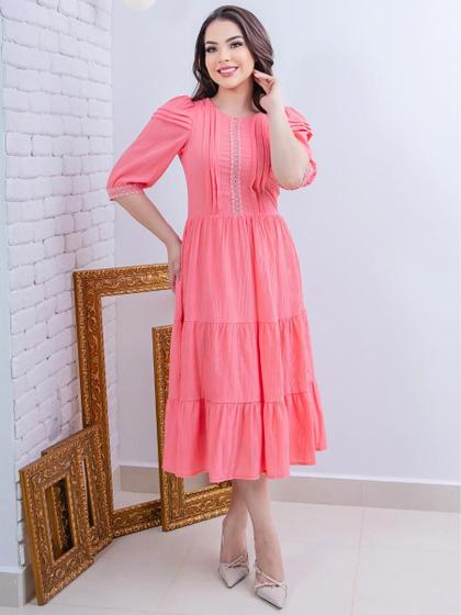 Vestidos Midi Elegante Festa Convidada com Manga e Guipir