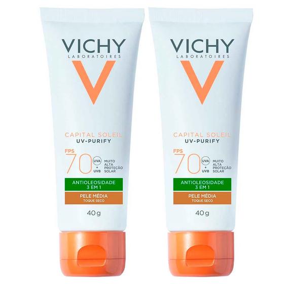 Imagem de Vichy Idéal Soleil Purify Kit com 2 Unidades  Protetor Solar Facial com Cor FPS70  Média