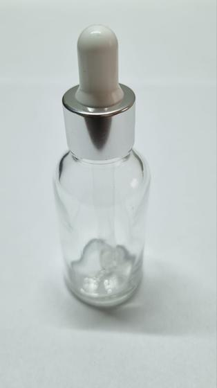 Imagem de Vidro Transparente-20ml (40 peças)-c/ tampa prata s/ lacre, bulbo branco e pipeta conta gota