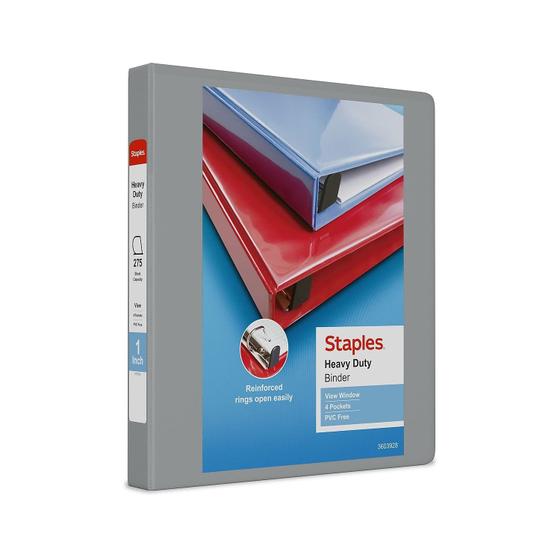 Imagem de View Binder STAPLES 976033 Anéis D pesados de 1 polegada cinza