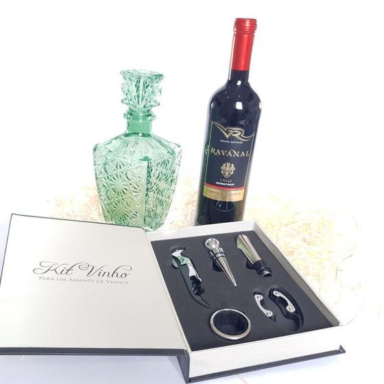 Imagem de Vinho cabernet com kit abridor e garrafa vidro retrô verde