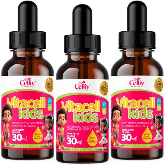 Imagem de Vitacell Kids Vitaminas e Minerais Gotas - 3 Frascos Fortalecimento e Crescimento