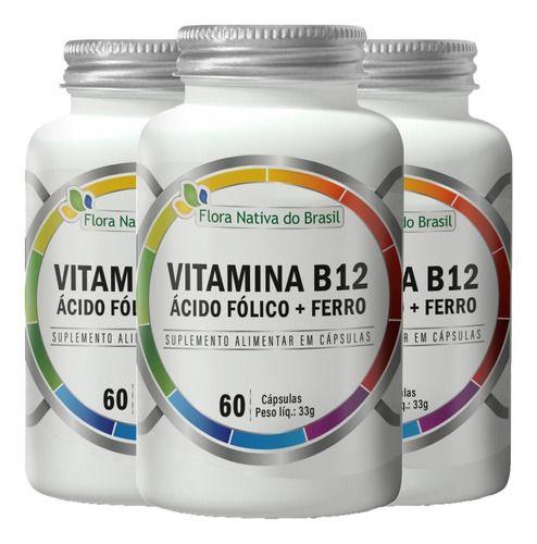 Imagem de Vitamina B12 Ácido Fólico E Ferro 3 x 60 Cápsulas Flora Nativa