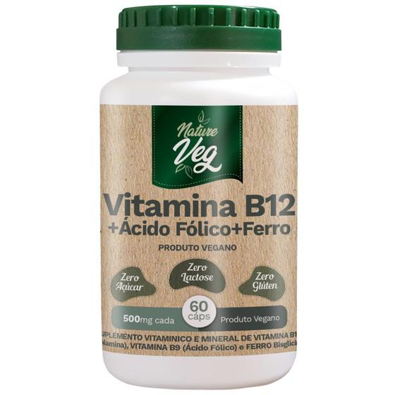 Imagem de Vitamina B12 + Ácido Fólico + Ferro (Produto Vegano) 60 Cápsulas 500mg