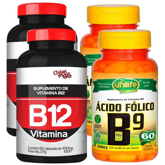 Imagem de Vitamina B12 e Vitamina B9 Ácido Fólico Kit Especial com 4 Frascos