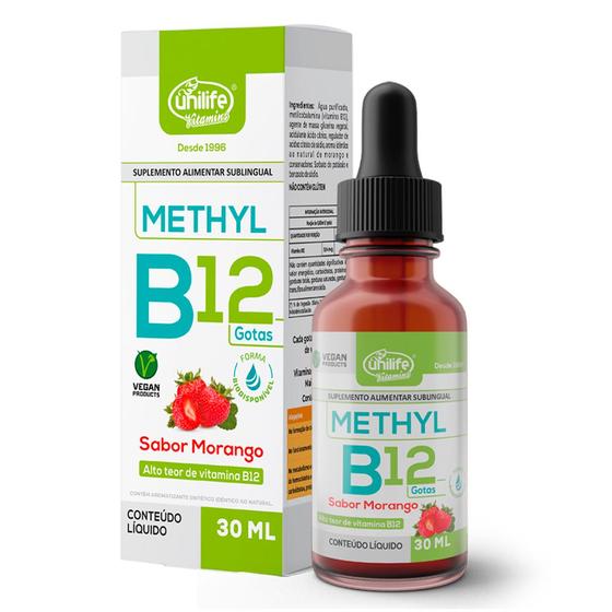 Imagem de Vitamina B12 Methyl em gotas Unilife  sabor Morango 30 ml